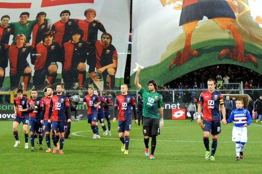 Genoa CFC fans waving flags during the derby soccer match UC Sampdoria vs CFC Genoa, in Genoa Stock Photo - Alamy